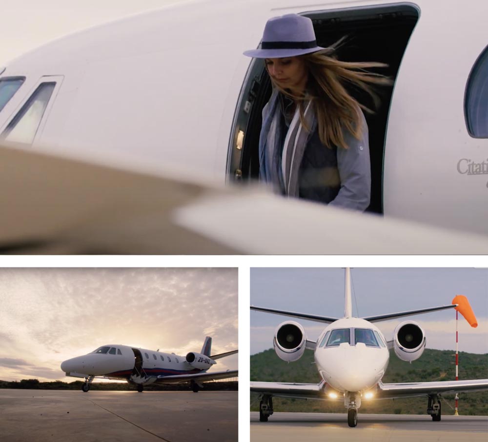 A woman exits a private jet while two other jets are visible in separate images.