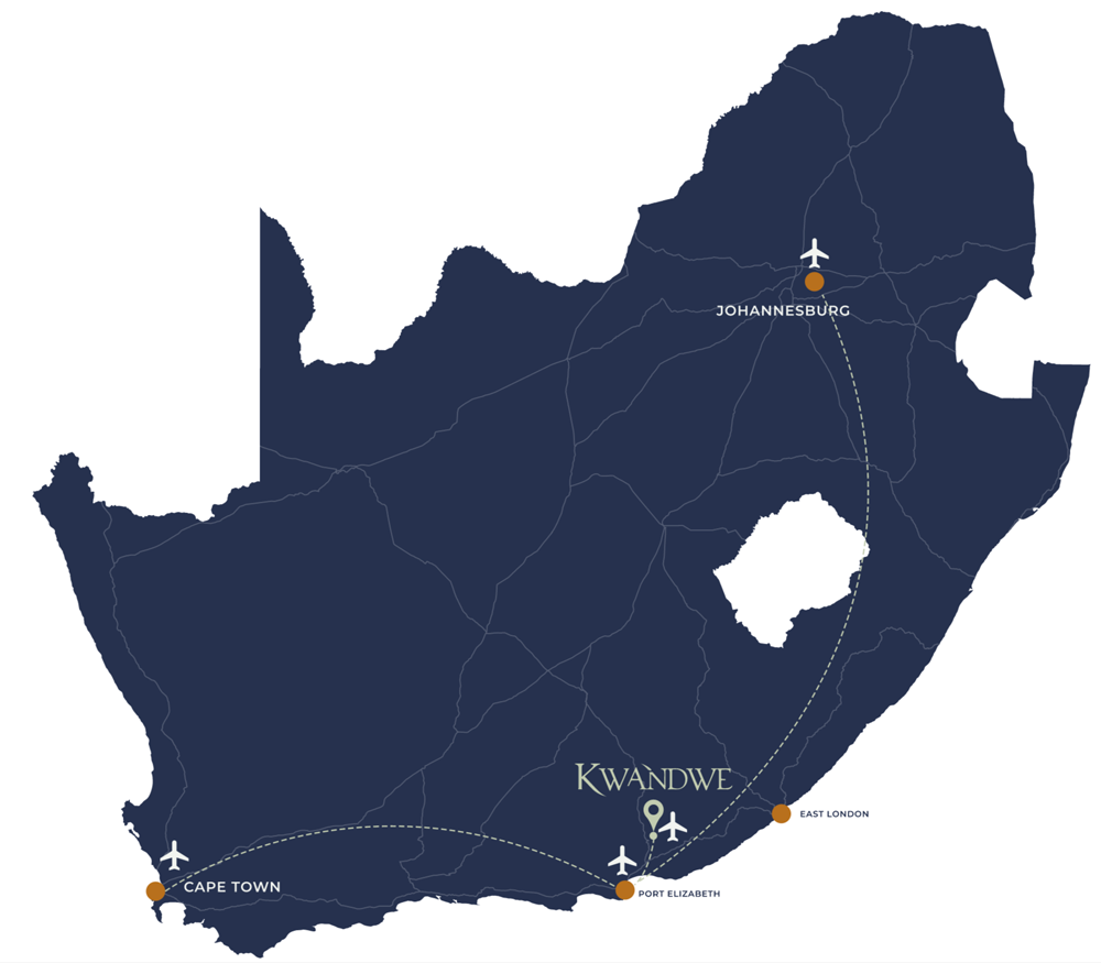 Map of South Africa highlighting key locations including Johannesburg, Cape Town, Port Elizabeth, and East London.