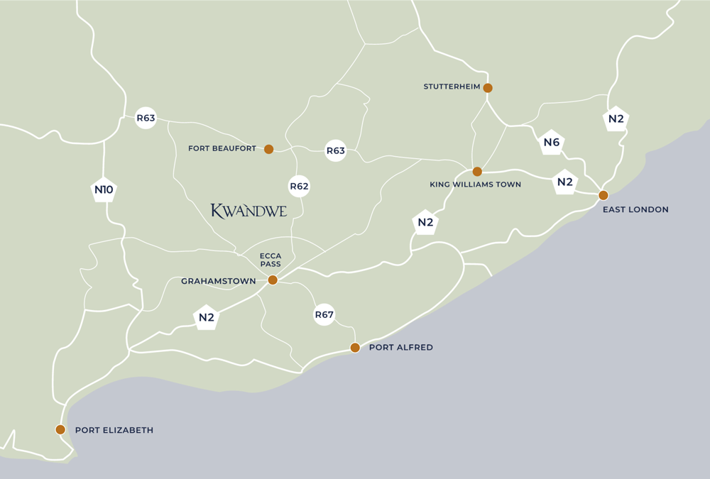 Map showing locations around Kwandwe in South Africa.