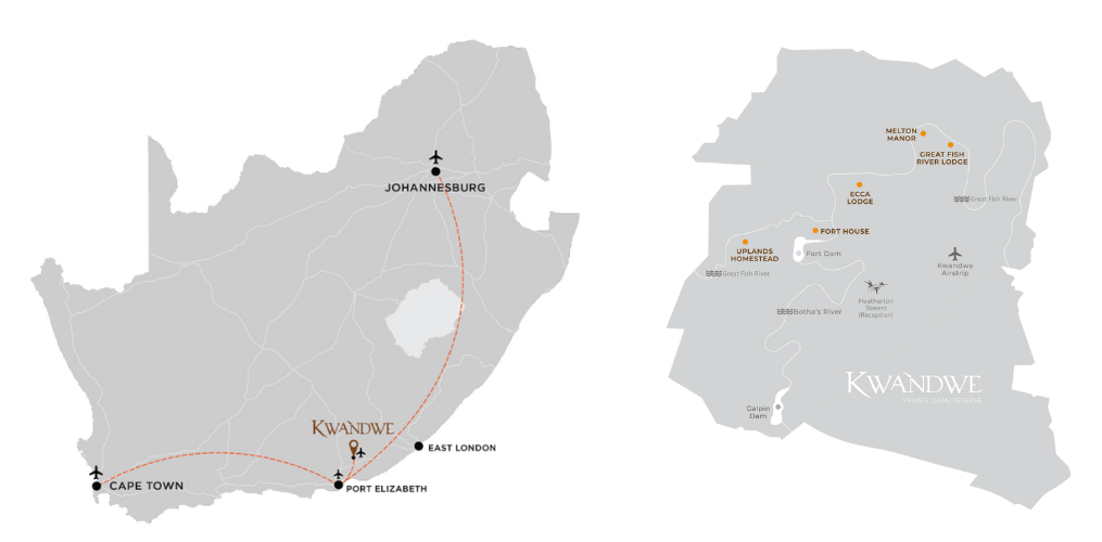 Map of South Africa highlighting major locations and routes related to Kwande.